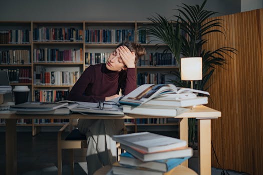 stressful grad student with books